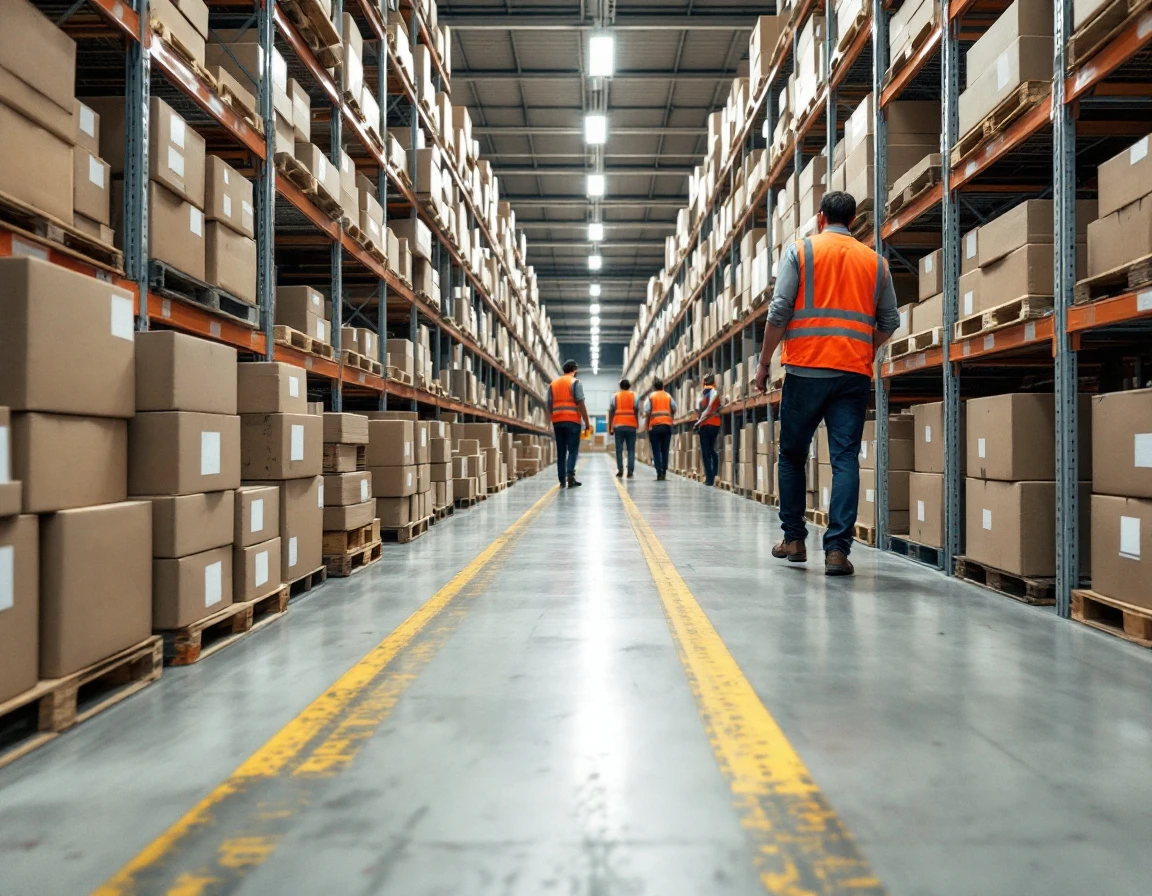 Clean warehouse interior with organized inventory shelving and workers coordinating fulfillment operations