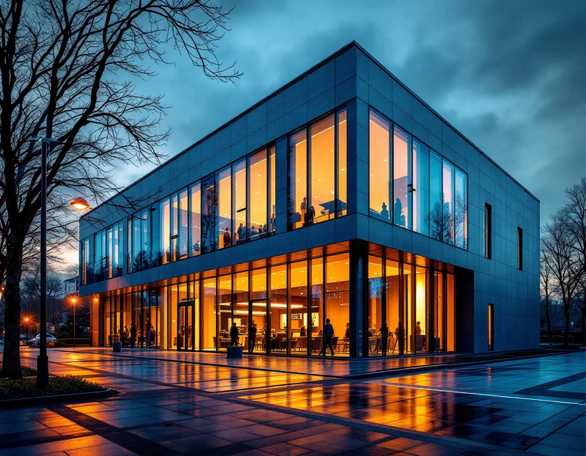 Modern commercial storefront with glass facades illuminated at dusk, reflecting B2B marketplace infrastructure