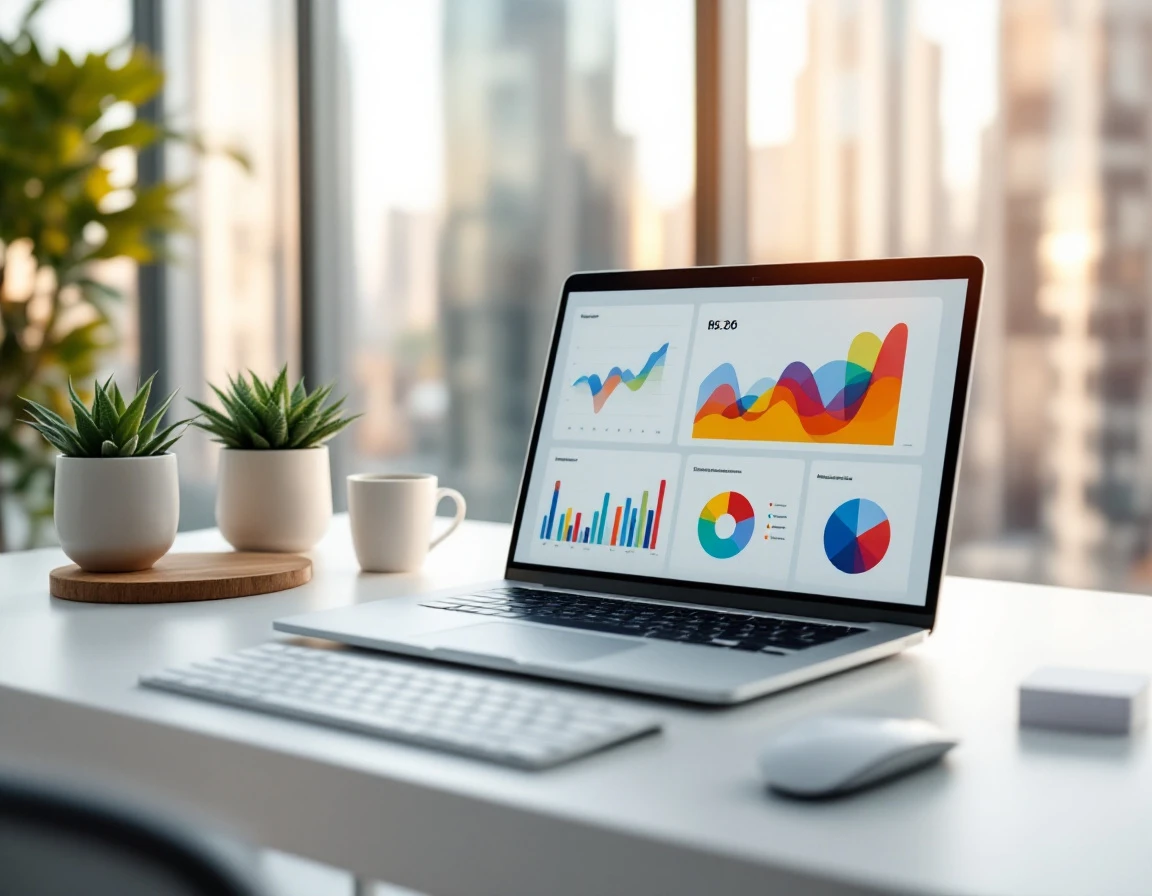 Clean modern desk workspace with laptop showing colorful charts, plants, and natural window light