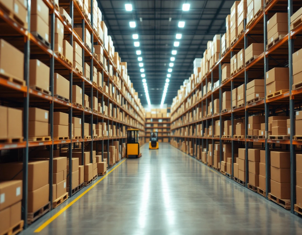 Organized warehouse shelving stacked with plain cardboard boxes ready for back-to-school order fulfillment