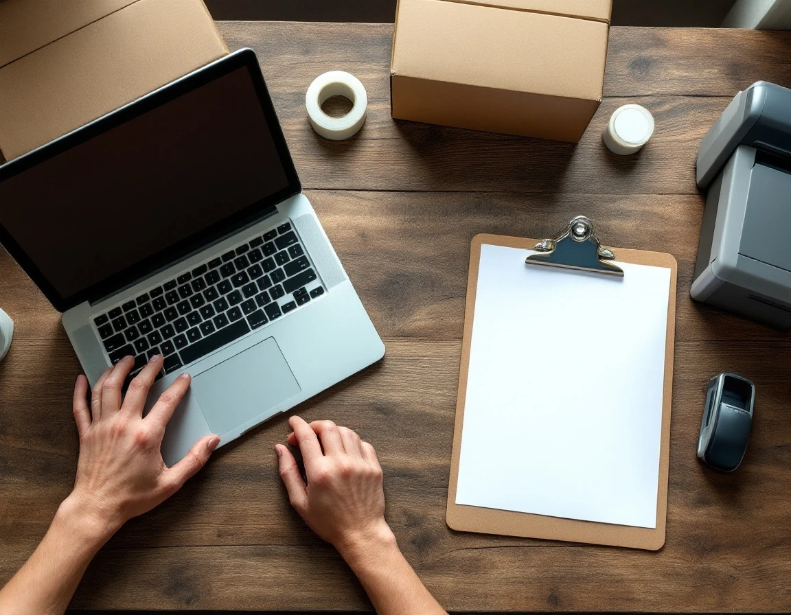 Overhead view of hands working at laptop surrounded by shipping boxes and packing supplies in fulfillment center
