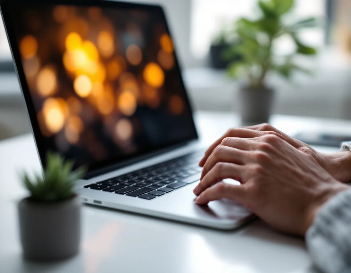 Hands typing on laptop in modern workspace with natural lighting and plants