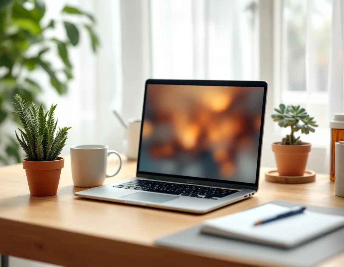 Laptop displaying abstract ecommerce interface on wooden desk with coffee and plant in natural lighting