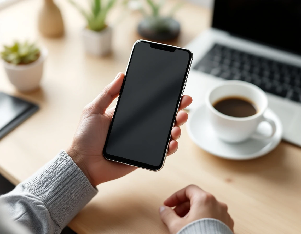 Hands holding smartphone above workspace desk with laptop and coffee cup in natural lighting