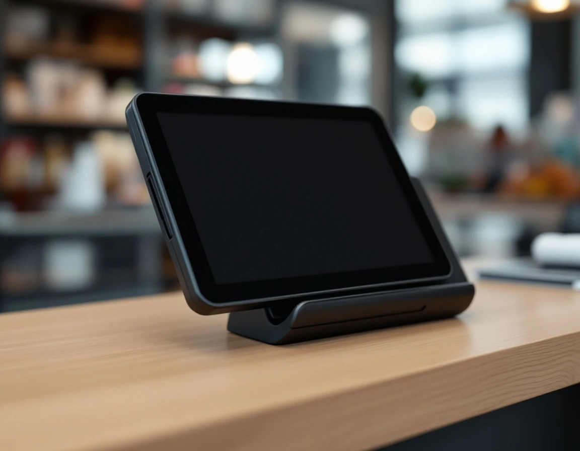 Modern payment terminal with dark screen at retail checkout counter in natural lighting
