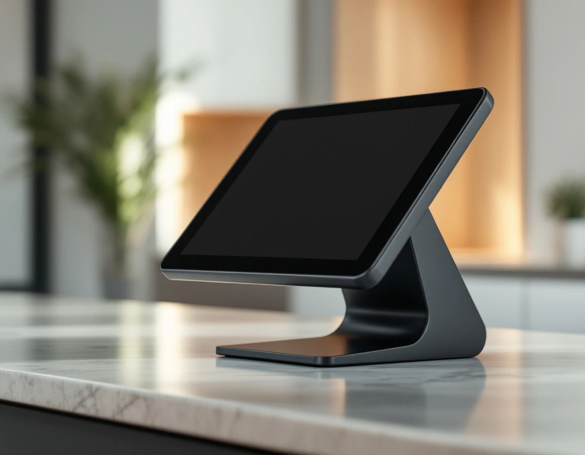 Modern payment terminal on retail counter with clean geometric design and soft natural lighting