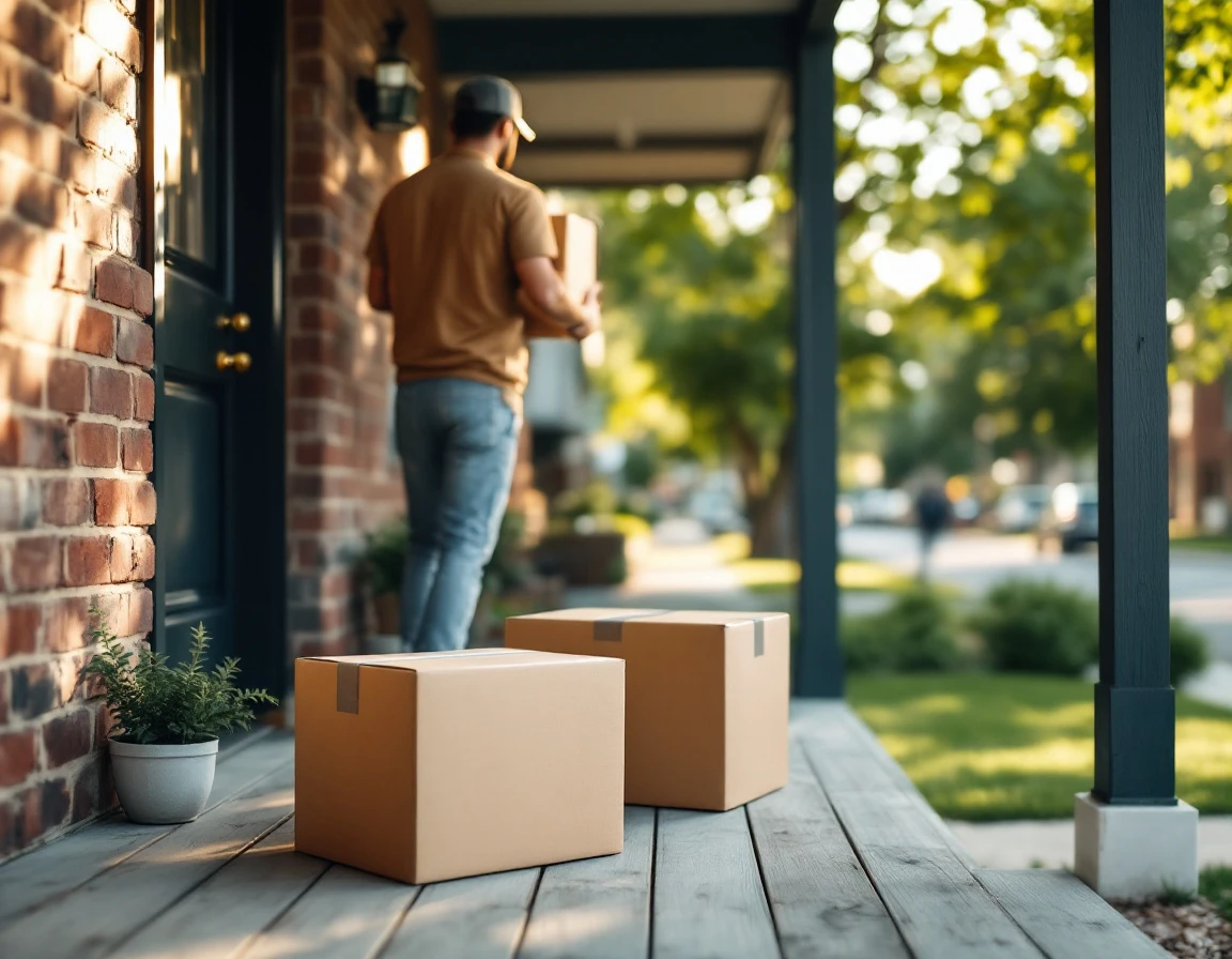 Delivery person at residential doorstep with packages after completing shipment drop-off