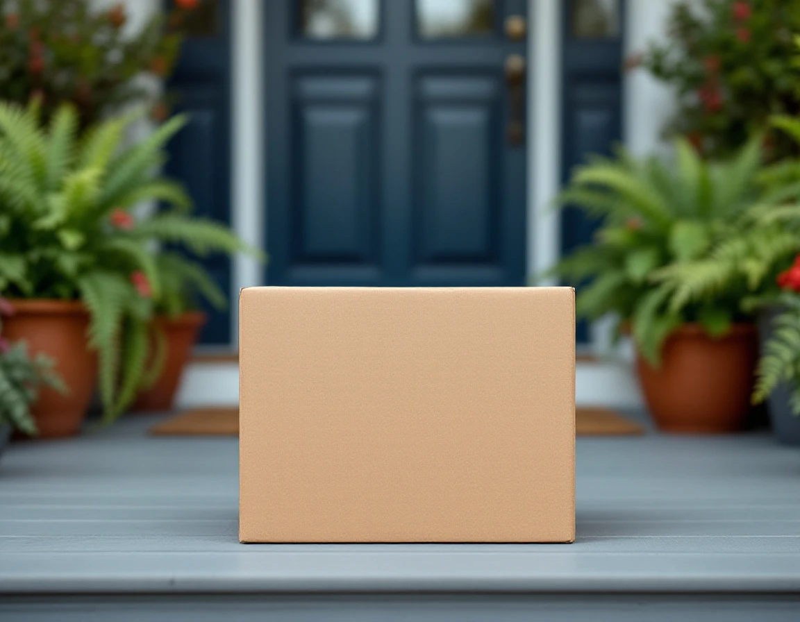 Plain cardboard package on residential porch near front door with potted plants