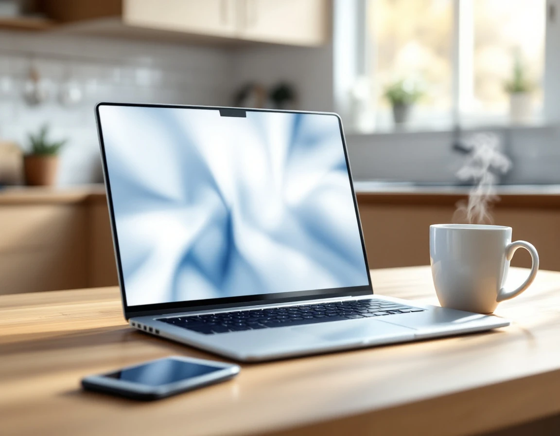 Laptop on wooden desk in modern kitchen workspace with coffee mug and smartphone nearby