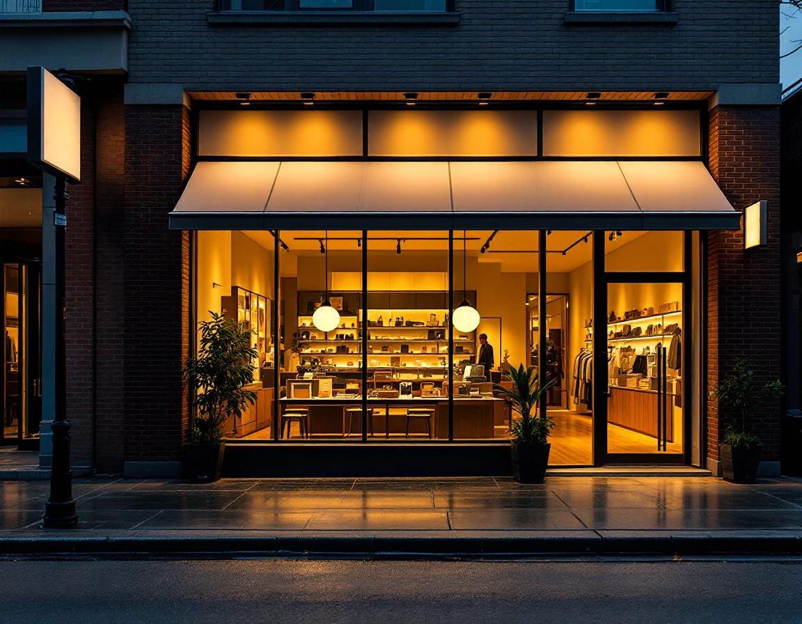 Modern independent retail storefront with warm interior lighting at dusk in urban shopping district
