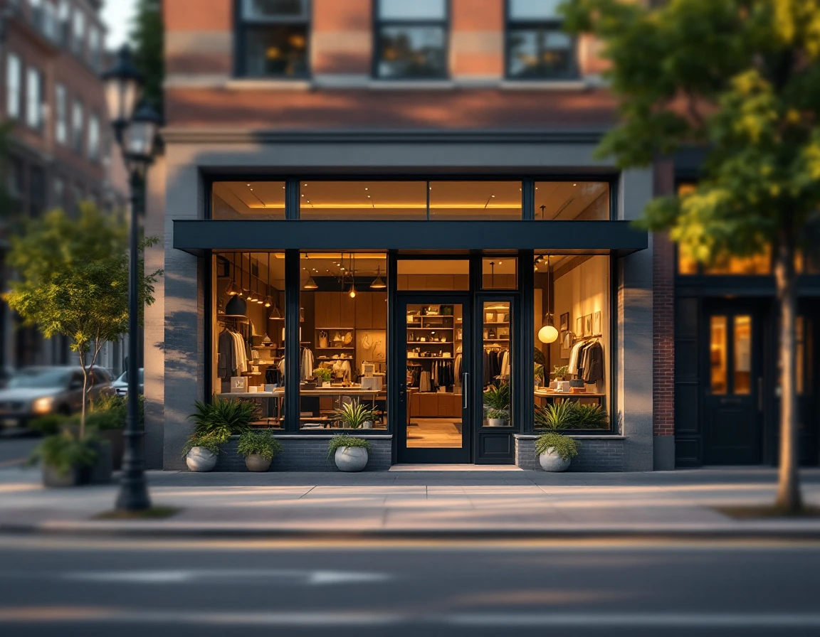 Independent retail storefront with large windows in a revitalized urban commercial district at golden hour