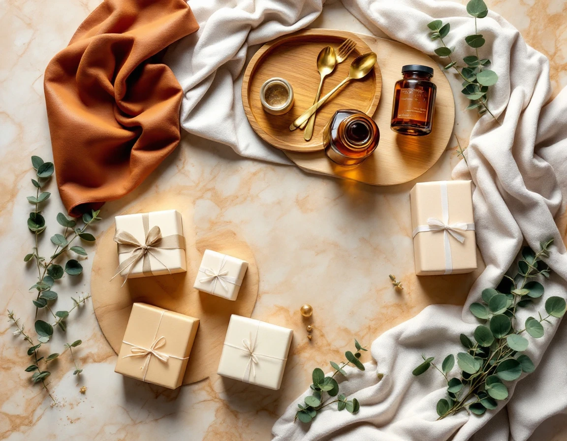 Curated flat-lay of luxury gift items including leather goods, wellness products, and natural elements on marble