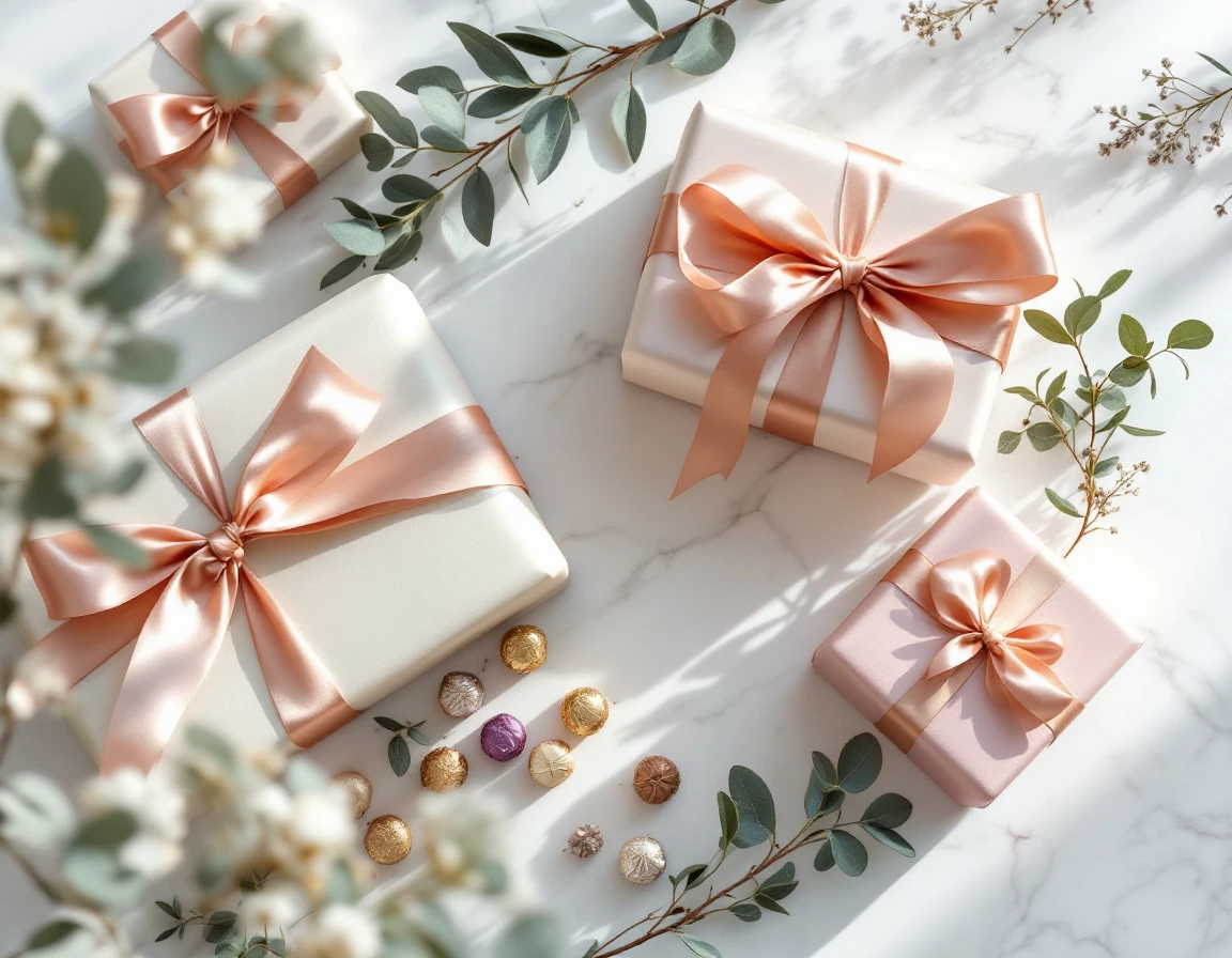 Luxury gift presentation with wrapped packages, artisan chocolates, and botanical accents on marble surface