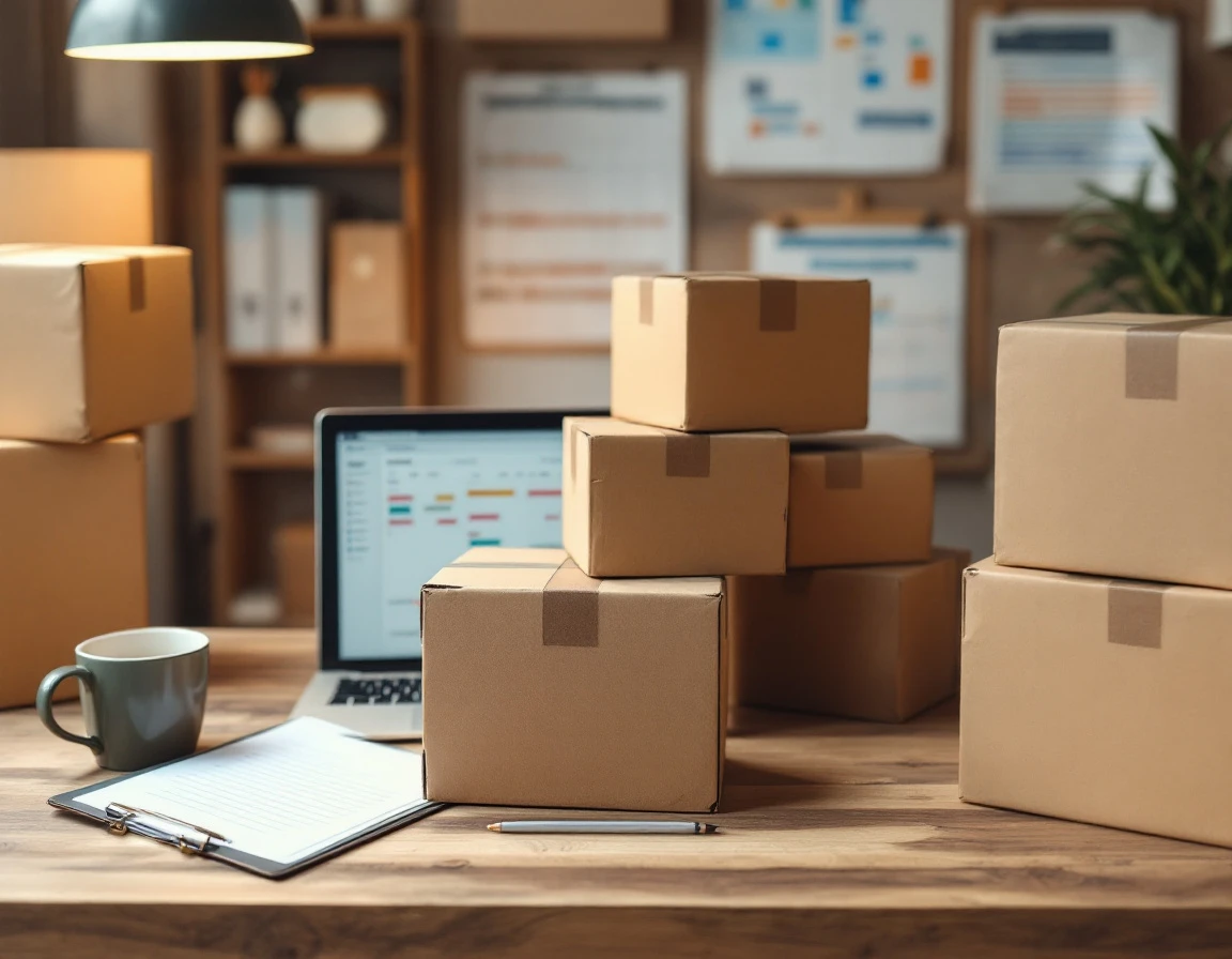 Fulfillment workspace with cardboard boxes, laptop showing order management software, and clipboard for tracking timelines