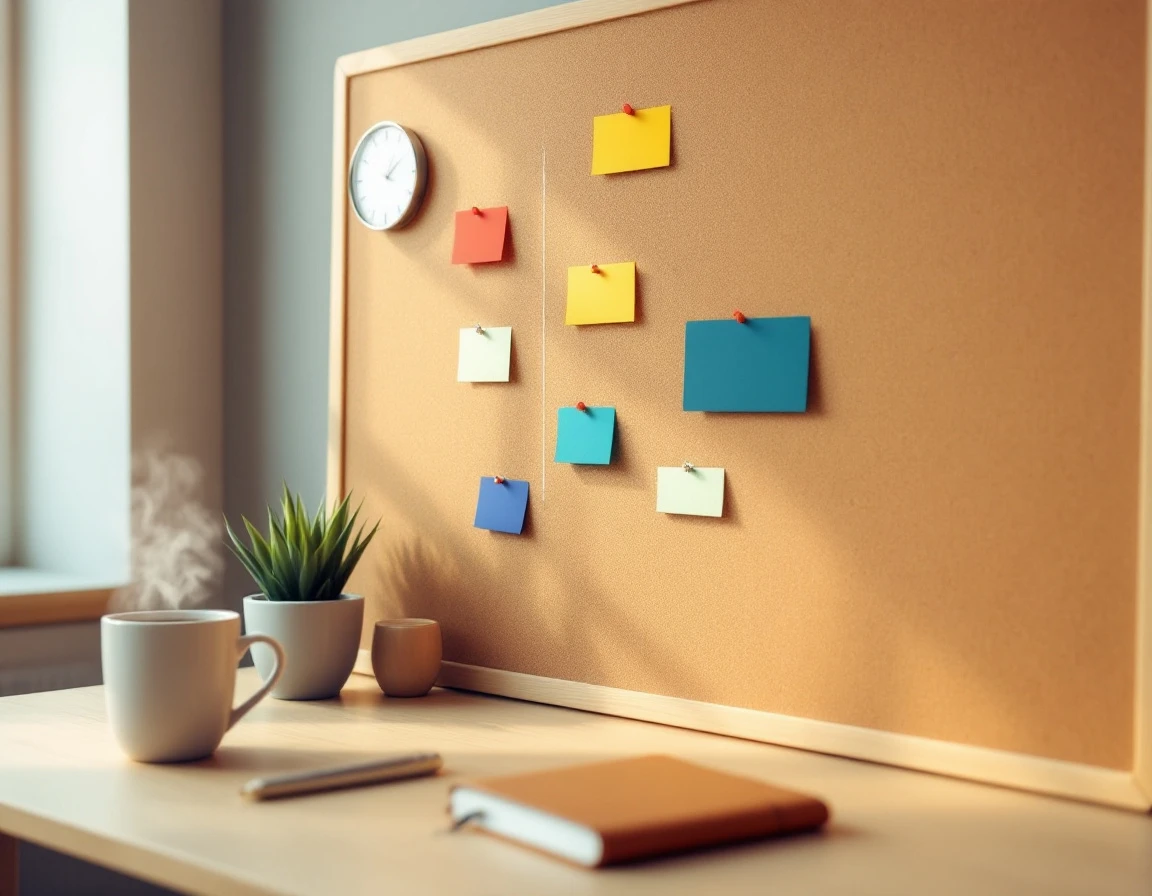 Overhead view of organized desk with color-coded planning board and office supplies for timeline management