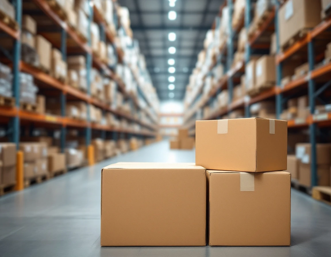Plain cardboard shipping boxes stacked on metal warehouse shelving in e-commerce fulfillment center
