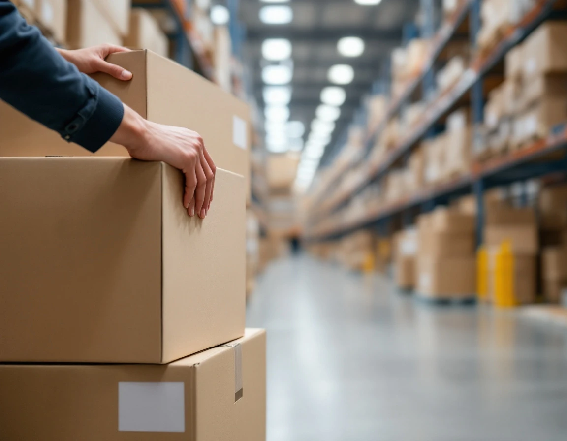 Hands reviewing inventory against unmarked cardboard boxes in warehouse fulfillment center