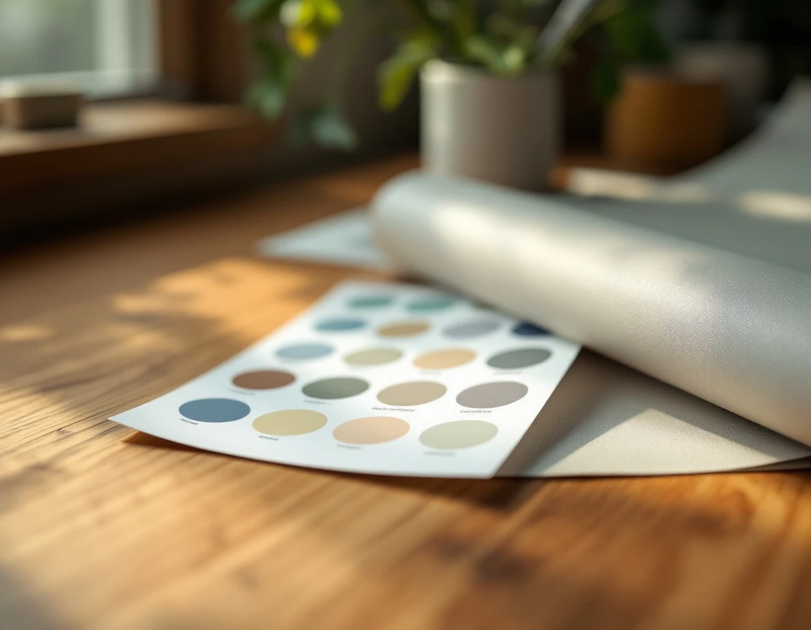 Color swatches and material samples arranged on wooden desk during product catalog quality review
