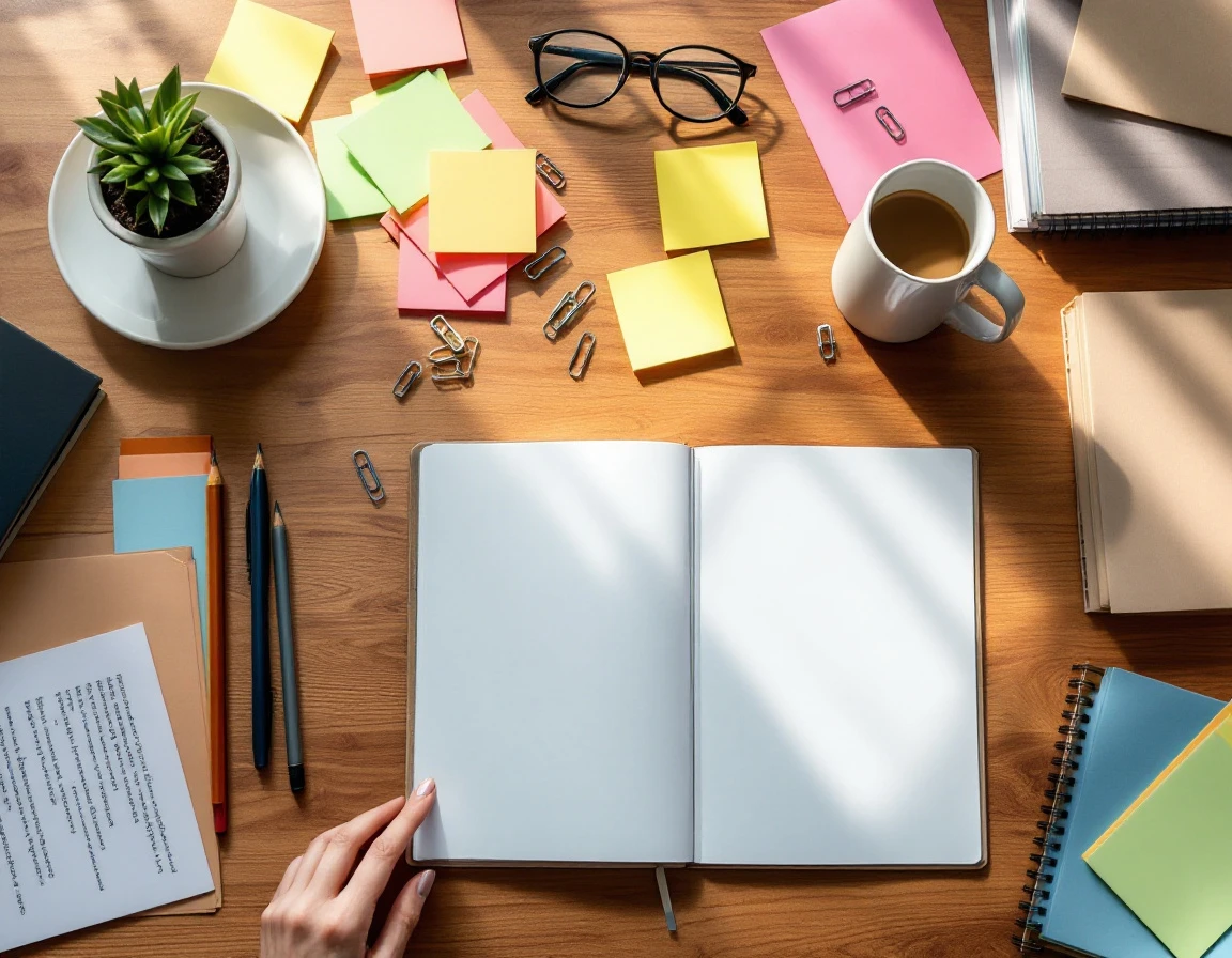 Organized workspace with planner, sticky notes, coffee mug, and office supplies on wooden desk