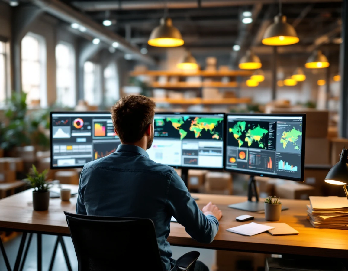 Warehouse manager reviewing shipping logistics data at computer workstation during peak season planning