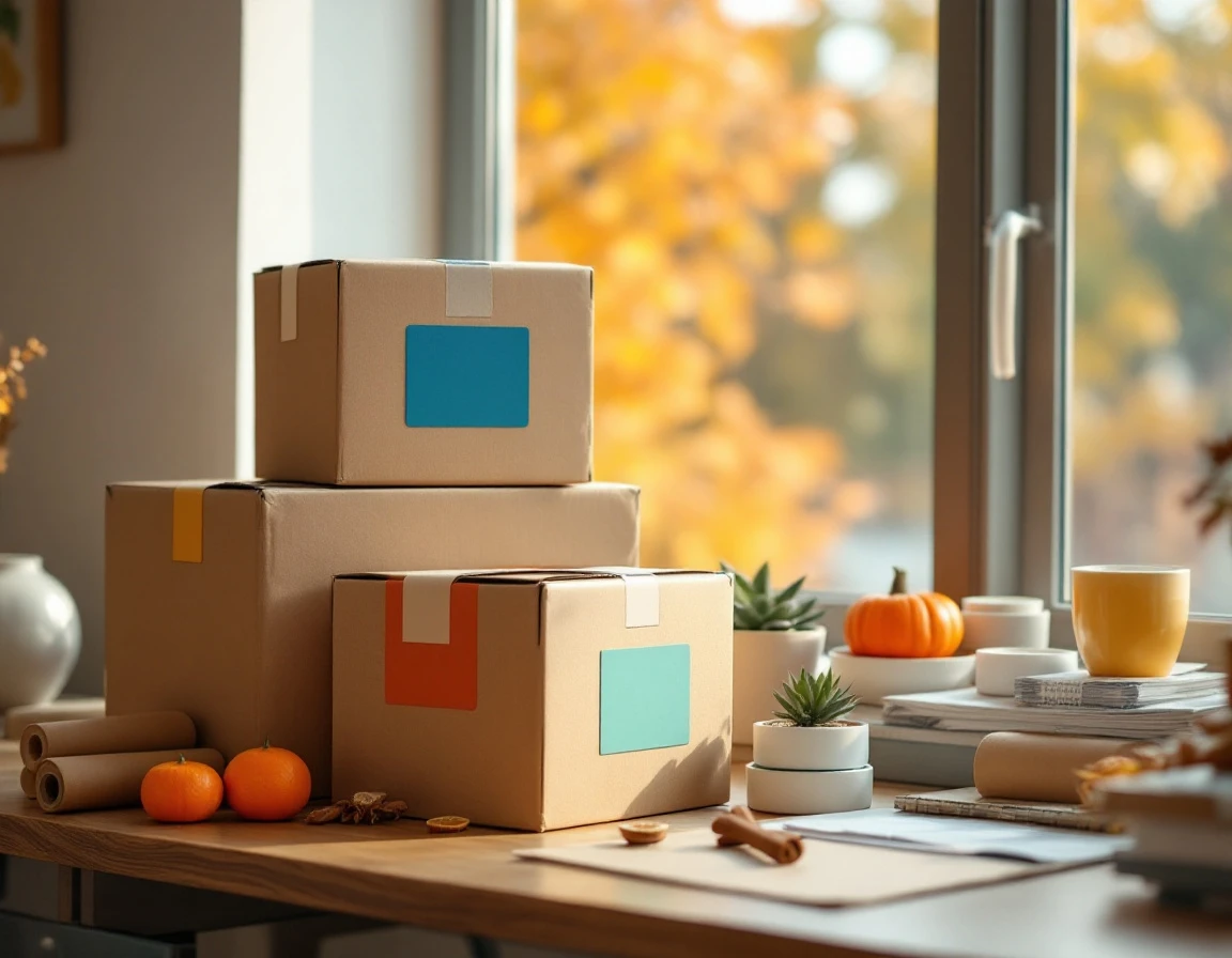 Organized shipping station with labeled boxes and autumn seasonal decorations on wooden desk by window