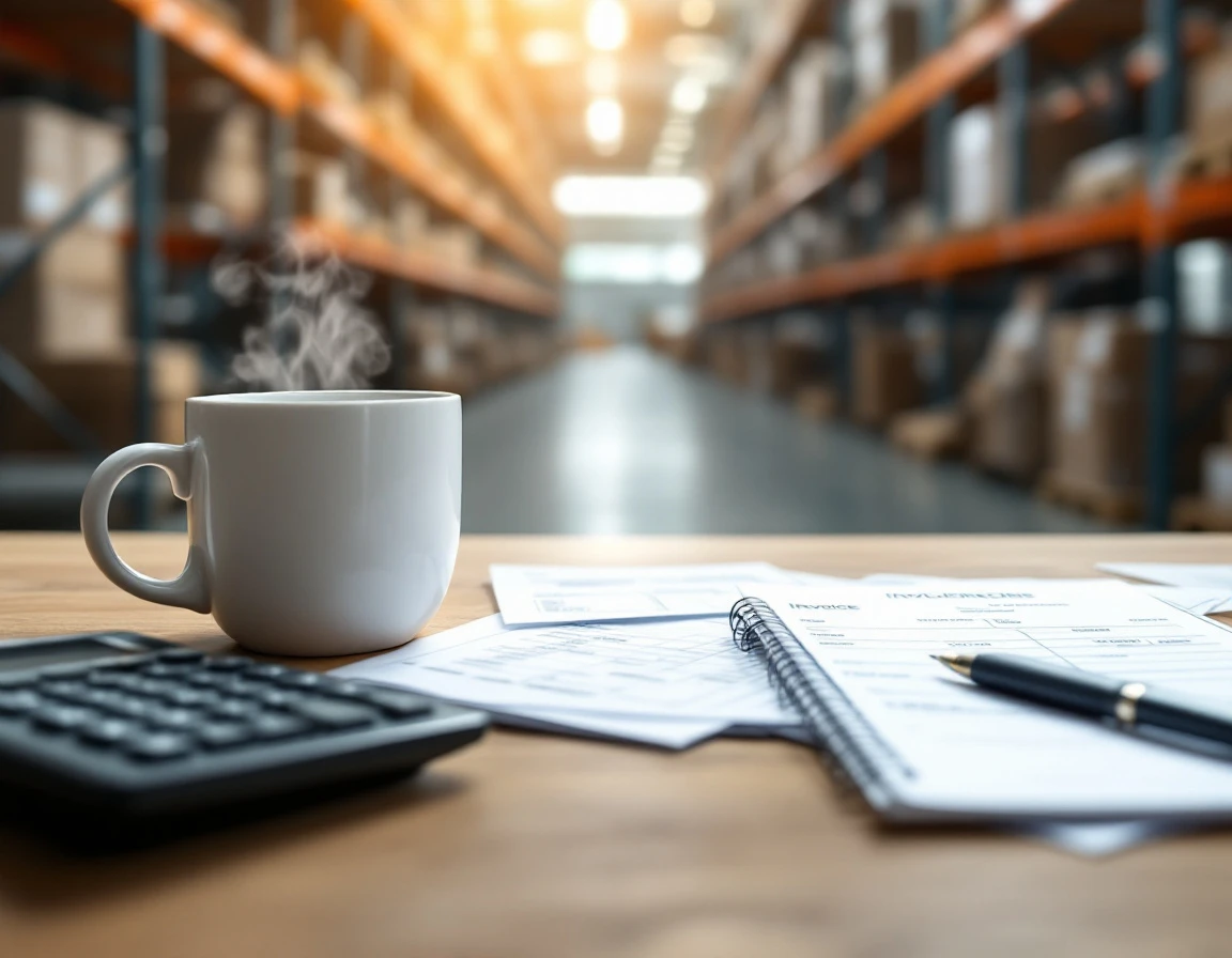Organized warehouse office desk with calculator, coffee, and shipping paperwork during peak holiday season
