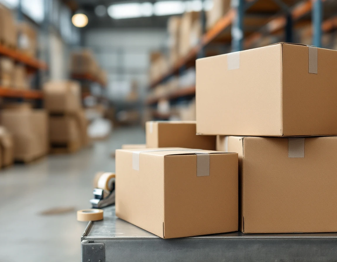 Plain cardboard shipping boxes stacked on warehouse packing station with tape dispenser and packing materials