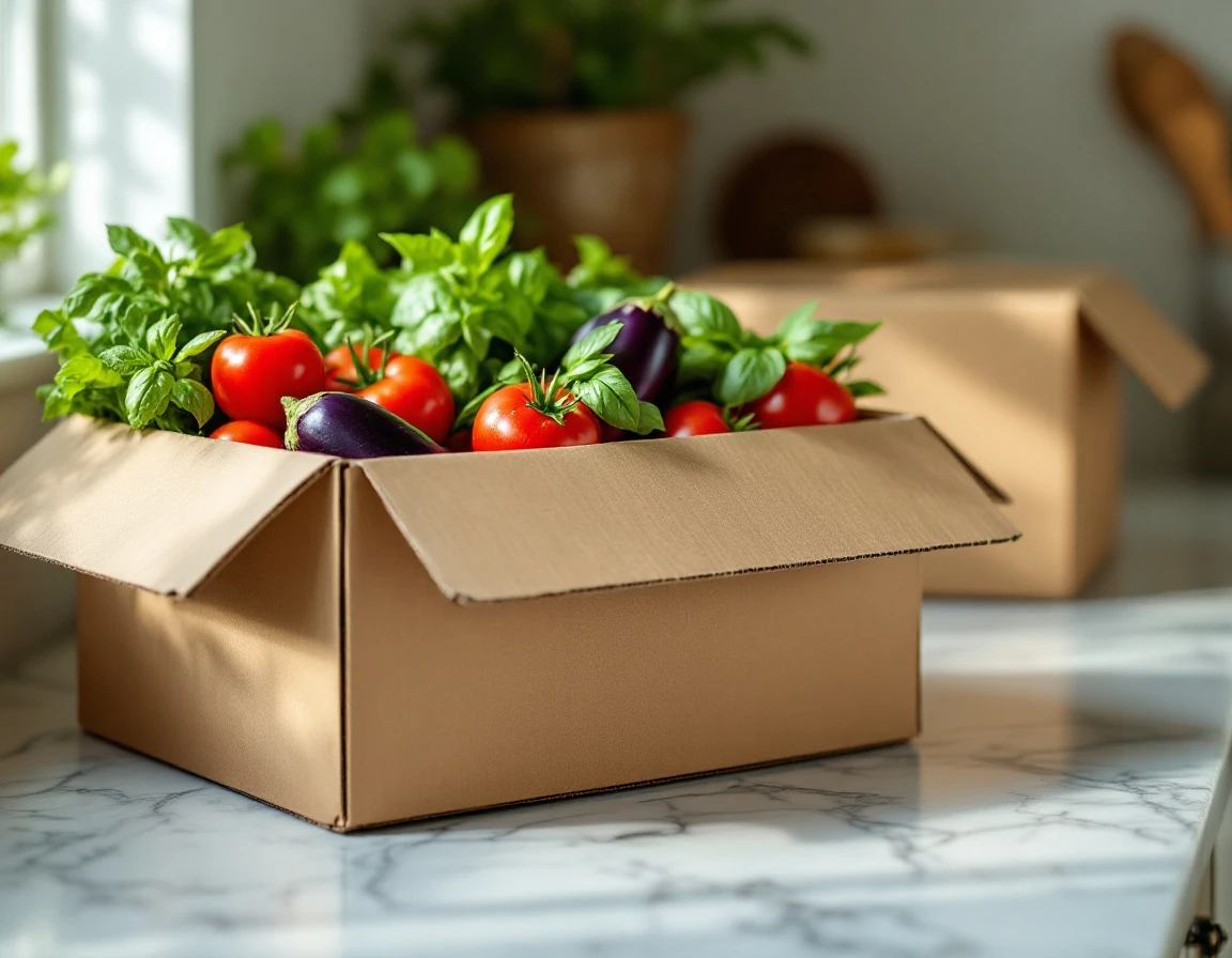 Fresh produce subscription boxes on kitchen counter with natural lighting