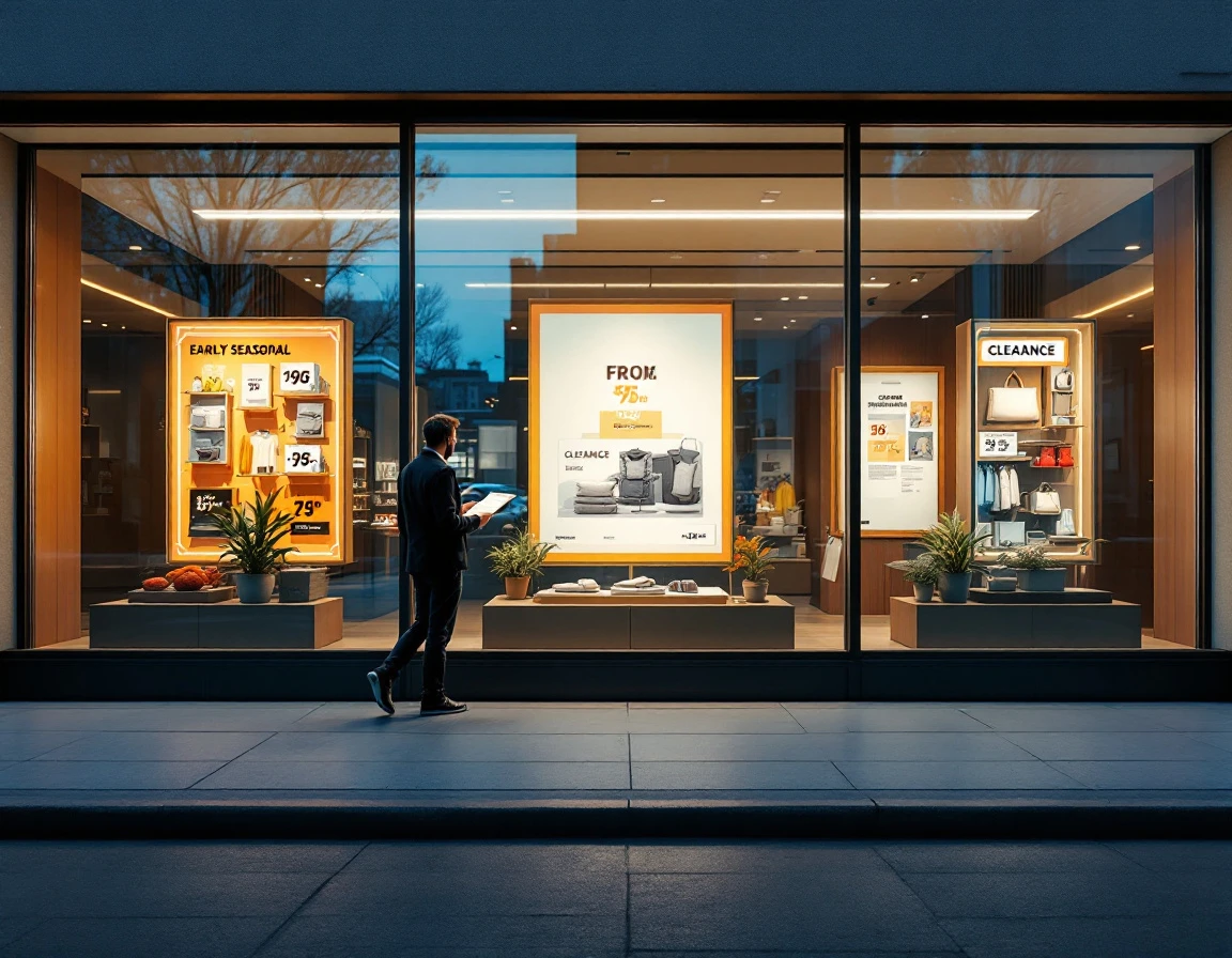 Retail storefront at twilight showing three distinct merchandising zones through window display