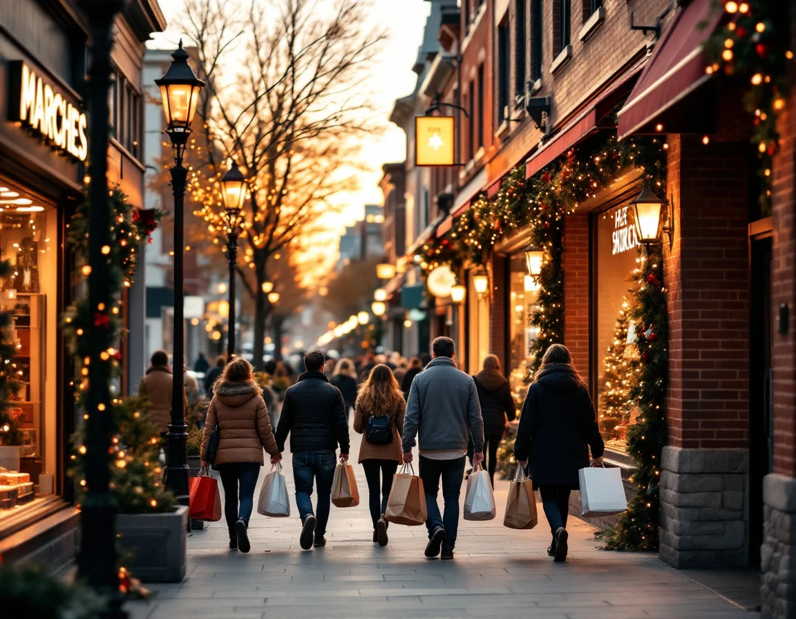 Busy retail shopping district at dusk during Black Friday and Cyber Monday holiday shopping season
