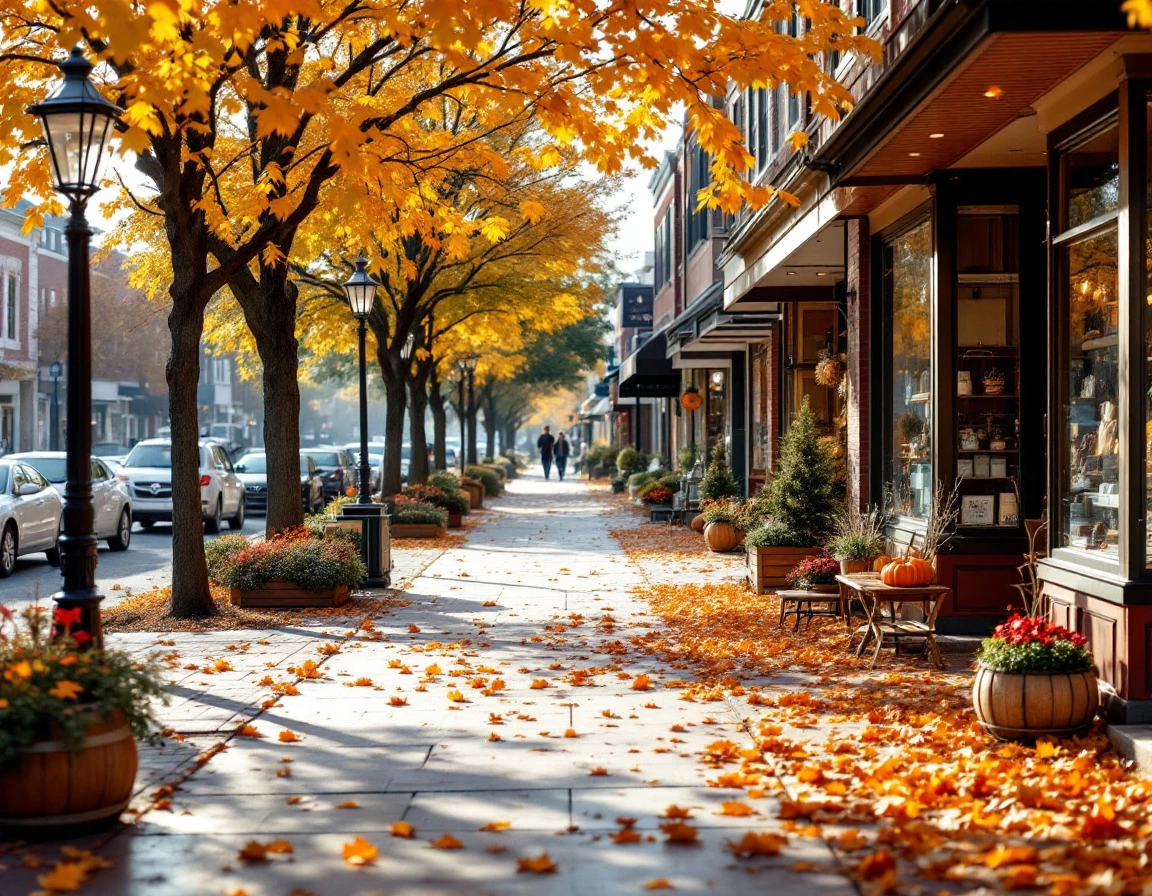 Autumn morning view of a suburban retail shopping district with seasonal storefronts and tree-lined sidewalks
