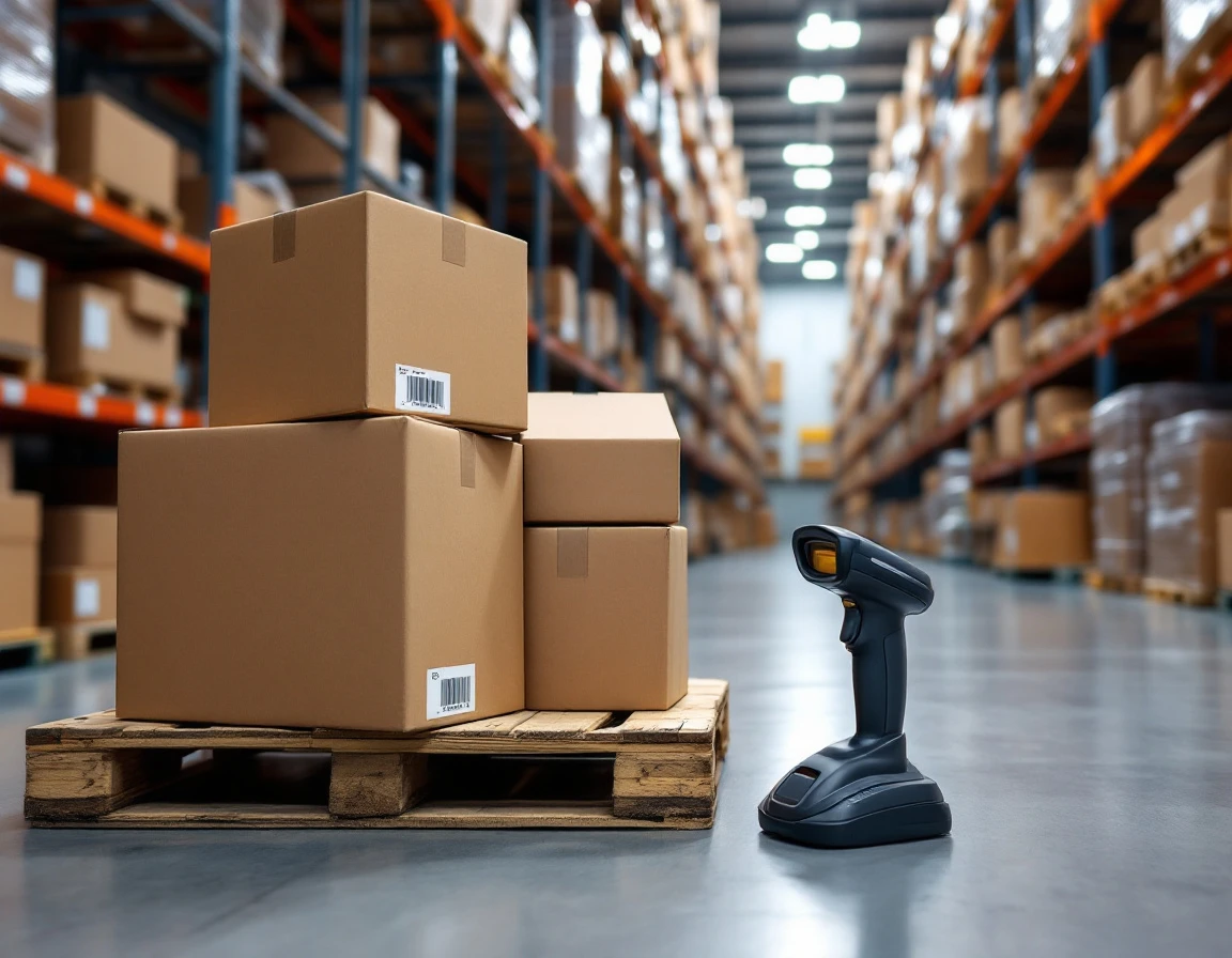 Barcode scanner on warehouse pallet with stacked shipping boxes and industrial shelving in background