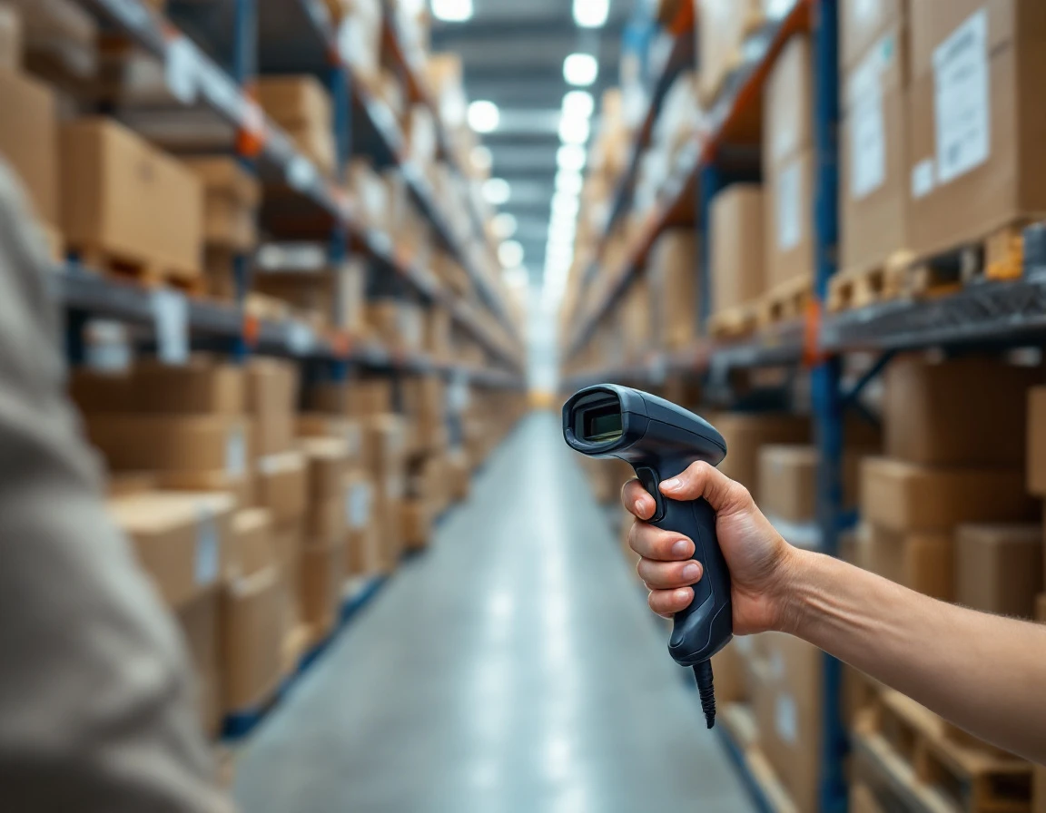Warehouse worker scanning inventory boxes with handheld device in fulfillment center