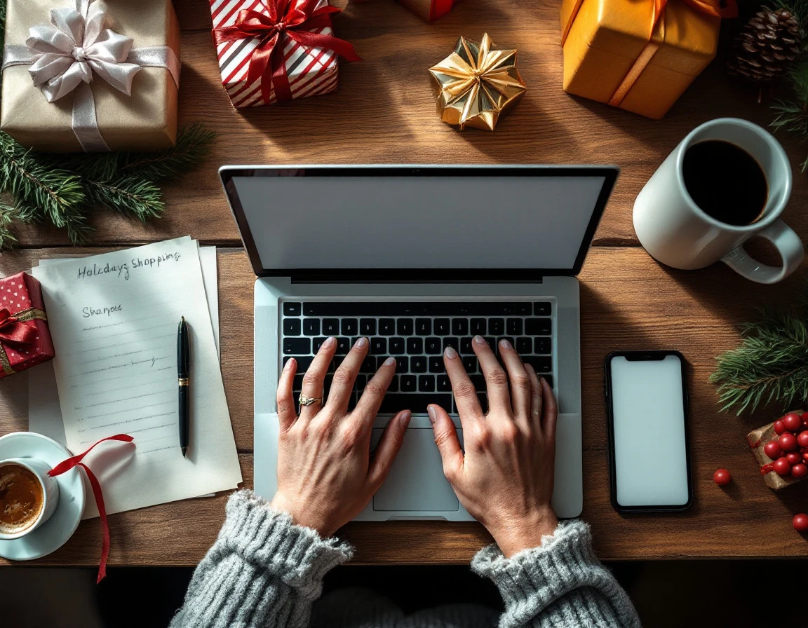 Overhead view of hands typing on laptop surrounded by holiday shopping items and gift boxes on wooden desk