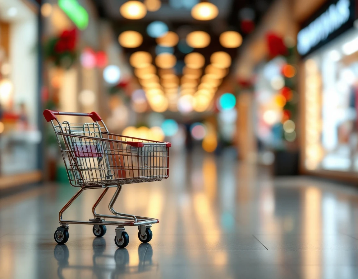 Empty shopping cart in sharp focus with blurred holiday mall lighting creating warm bokeh in background