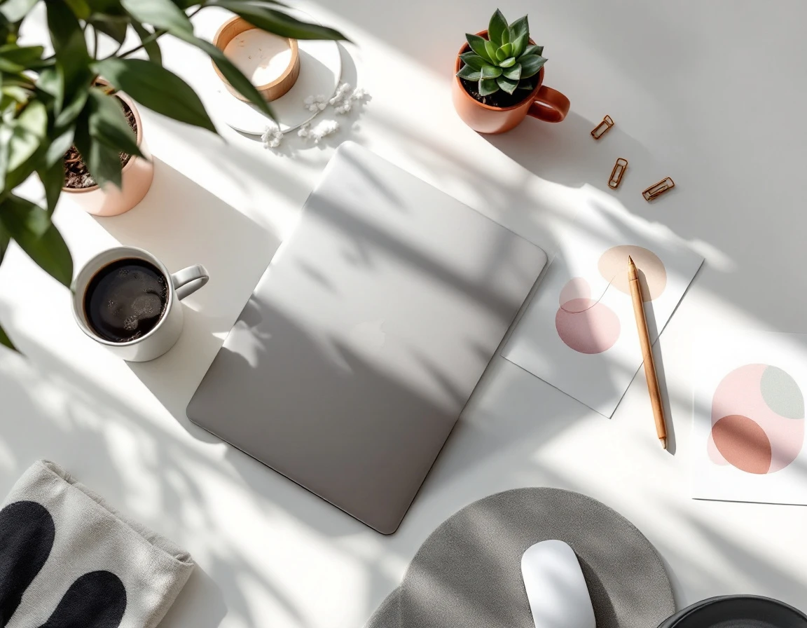 Minimalist workspace with closed laptop, coffee, plants, and design tools for ecommerce campaign creation