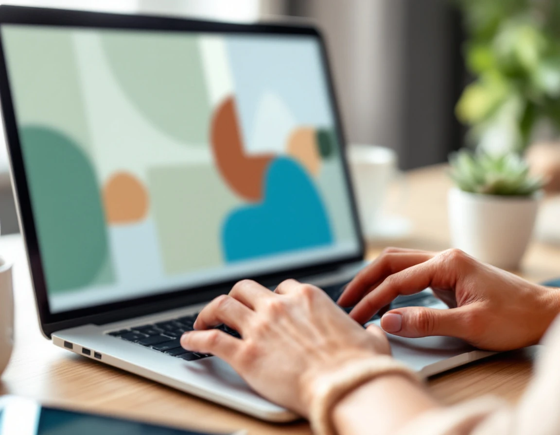 Hands typing on laptop with abstract page builder interface in muted color palette on wooden desk workspace