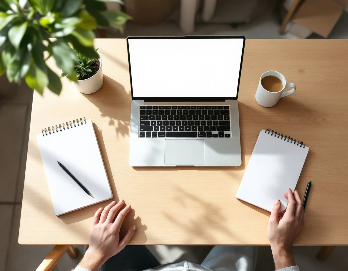 Clean minimal desk workspace with laptop, coffee mug, and plant for ecommerce campaign planning