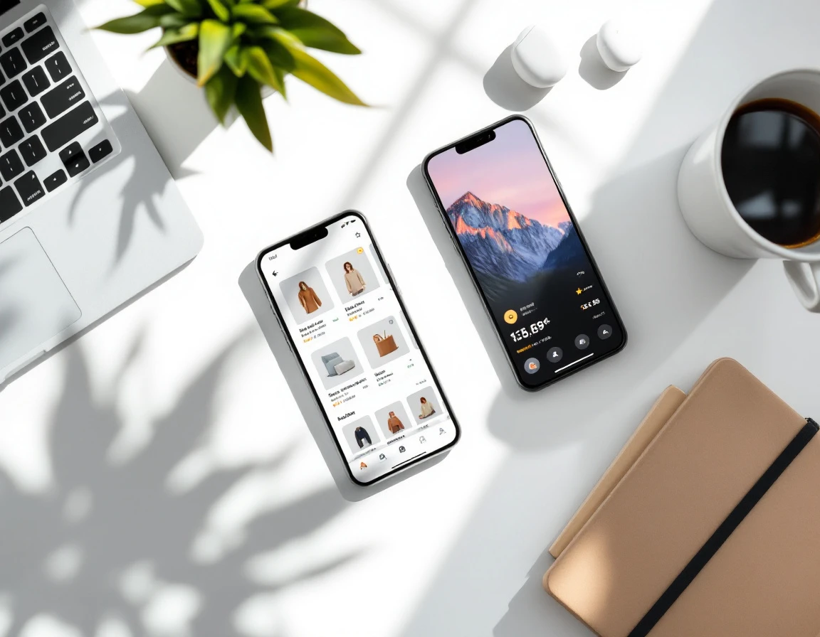 Workspace flat-lay with smartphones and laptop displaying e-commerce shopping interfaces