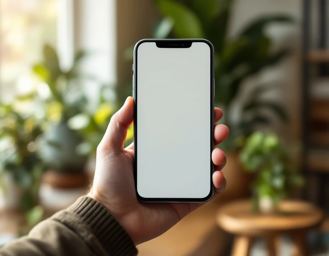 Hand holding smartphone with blurred screen in natural indoor lighting with houseplants in background