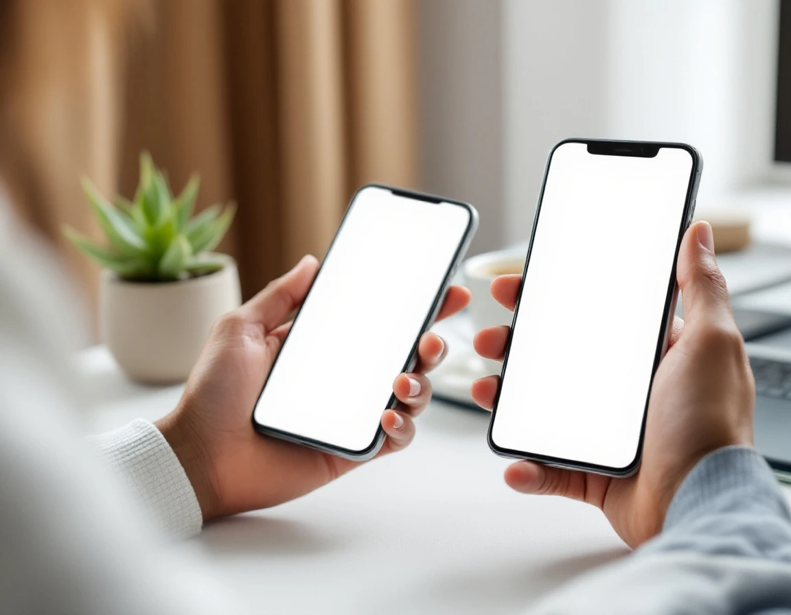 Two hands holding smartphones with blank screens in modern office workspace with coffee and plant