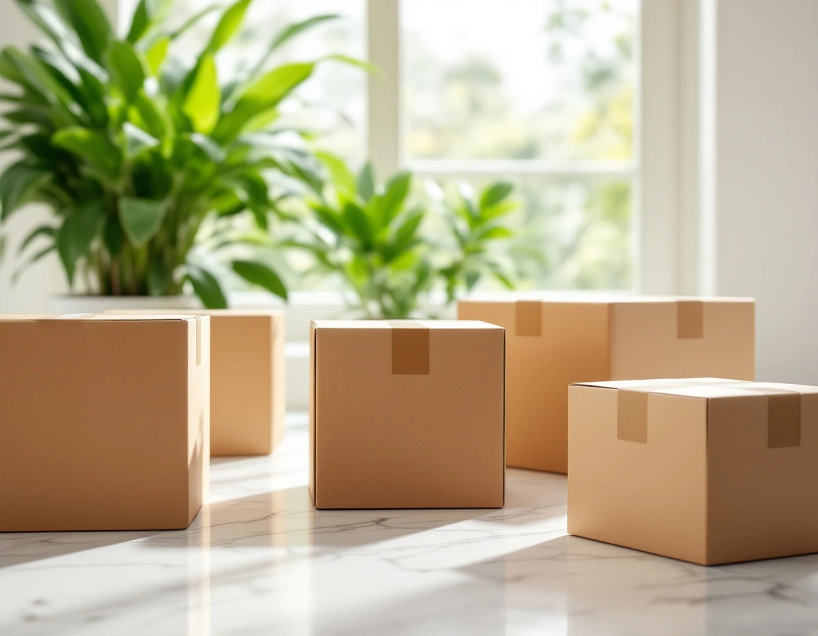 Cardboard shipping boxes of different sizes on marble surface with natural window lighting and plants