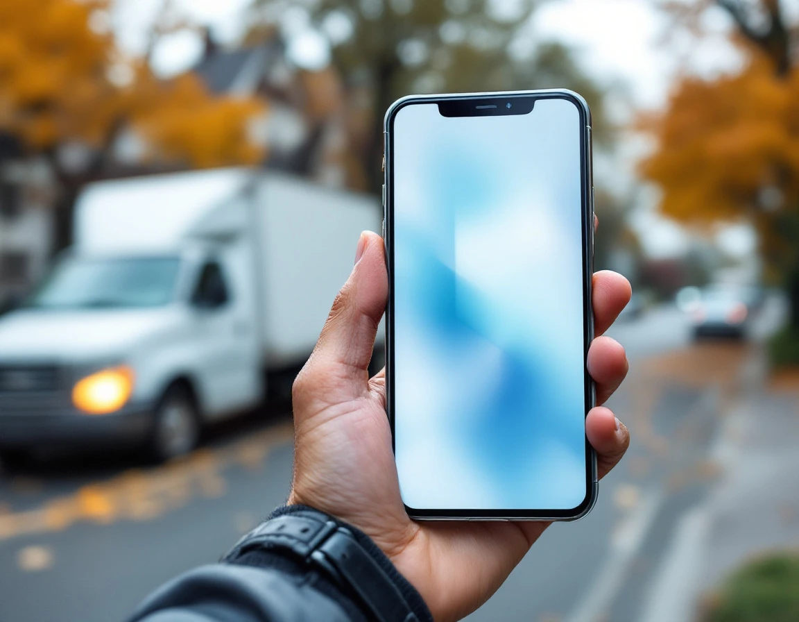 Hand holding smartphone with blurred screen interface on residential street during package delivery