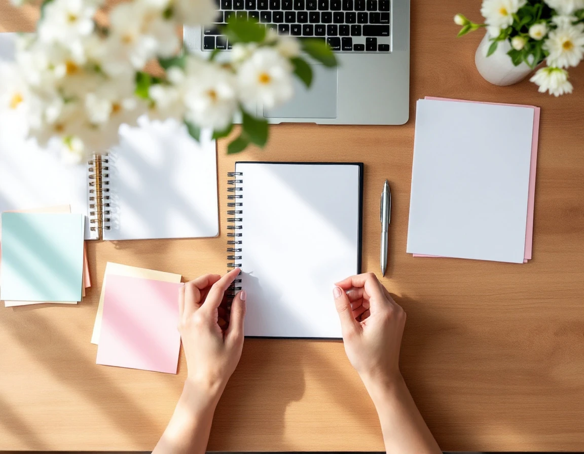 Organized workspace with blank notebooks, laptop, and planning materials for Q4 promotion calendar preparation