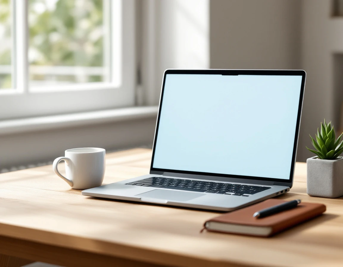 Clean laptop workspace with coffee mug and notebook on wooden desk in natural light