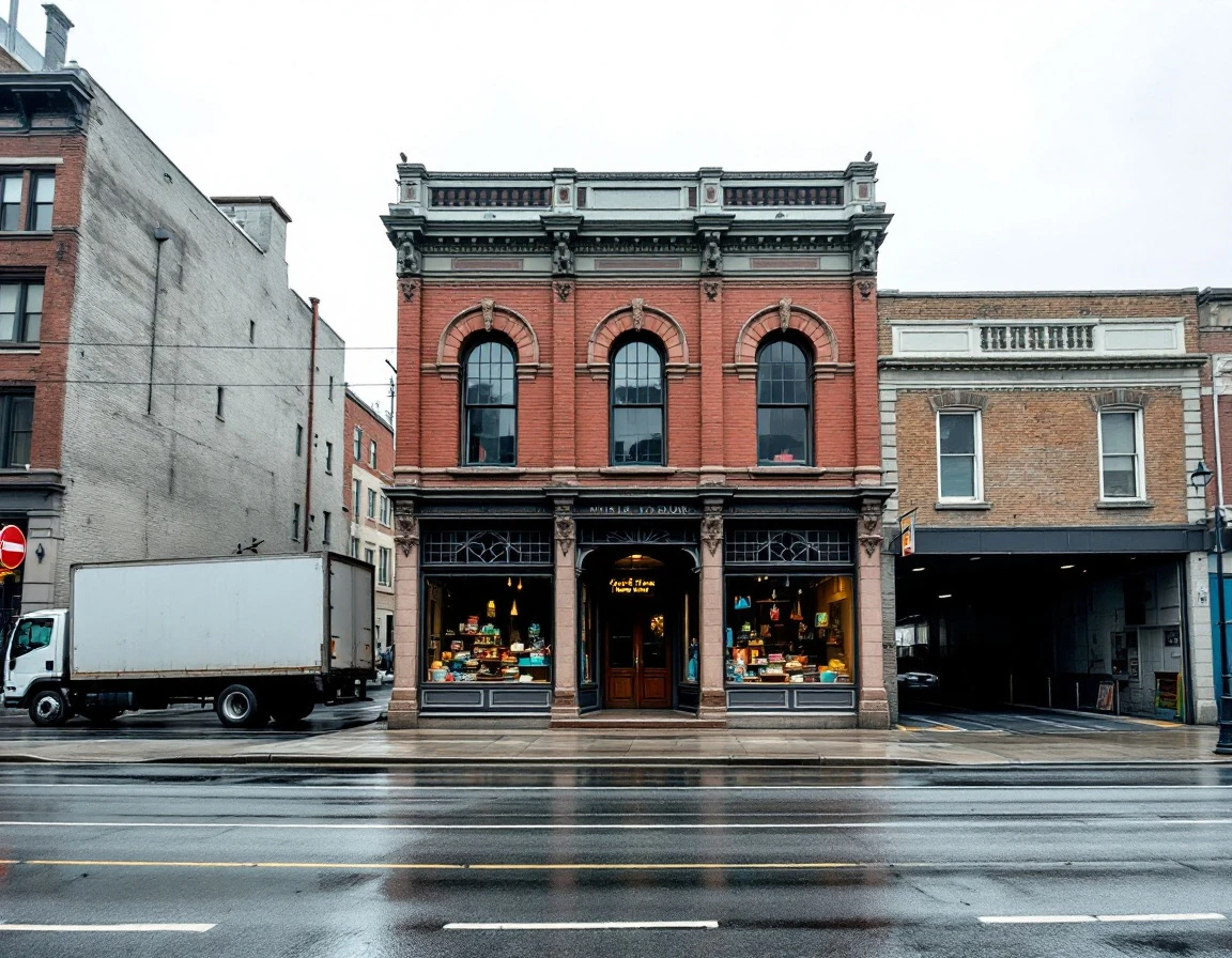 Historic brick retail building with large display windows and delivery truck at loading dock