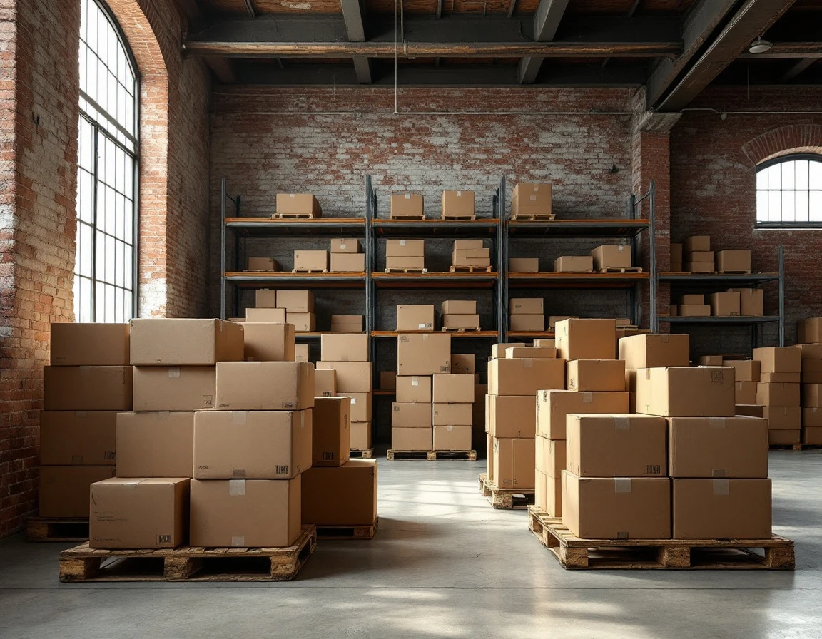 Vintage warehouse interior with cardboard boxes on pallets and industrial shelving under natural light