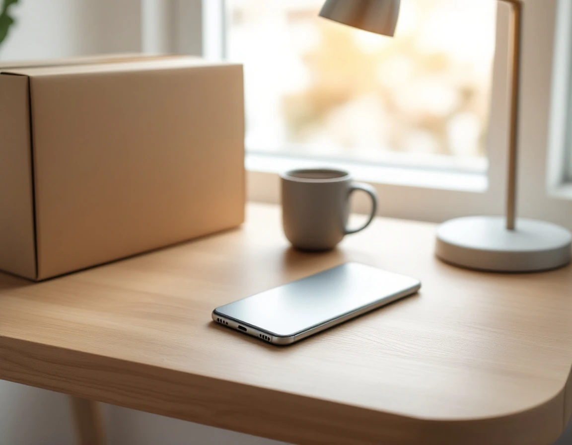 Organized desk workspace with smartphone, shipping materials, and minimal office items in natural lighting