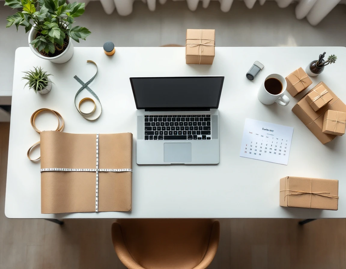 Workspace with laptop, shipping packages, and calendar showing delivery planning elements