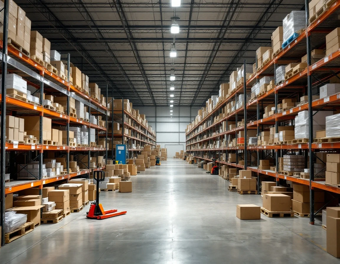Disorganized warehouse shelves with gaps and scattered inventory showing poor stock management